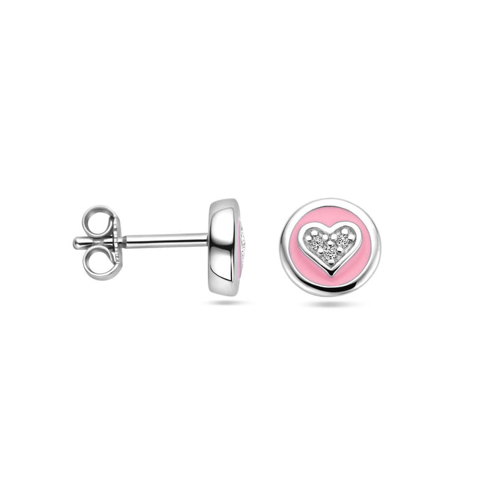 ear studs heart zirconia and pink enamel silver rhodium plated