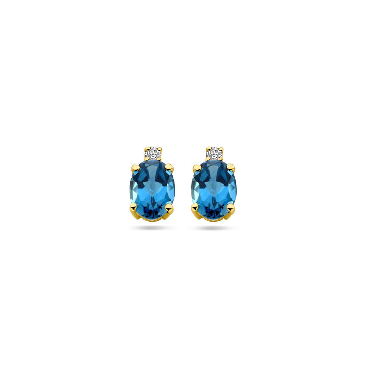 14k Geelgouden oorknoppen met London Blue topaas en diamant