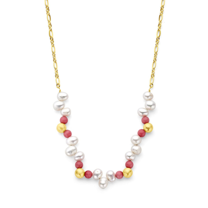necklace balls, pearls and pink jade 42 + 5 cm 3 micron silver gold plated (yellow)