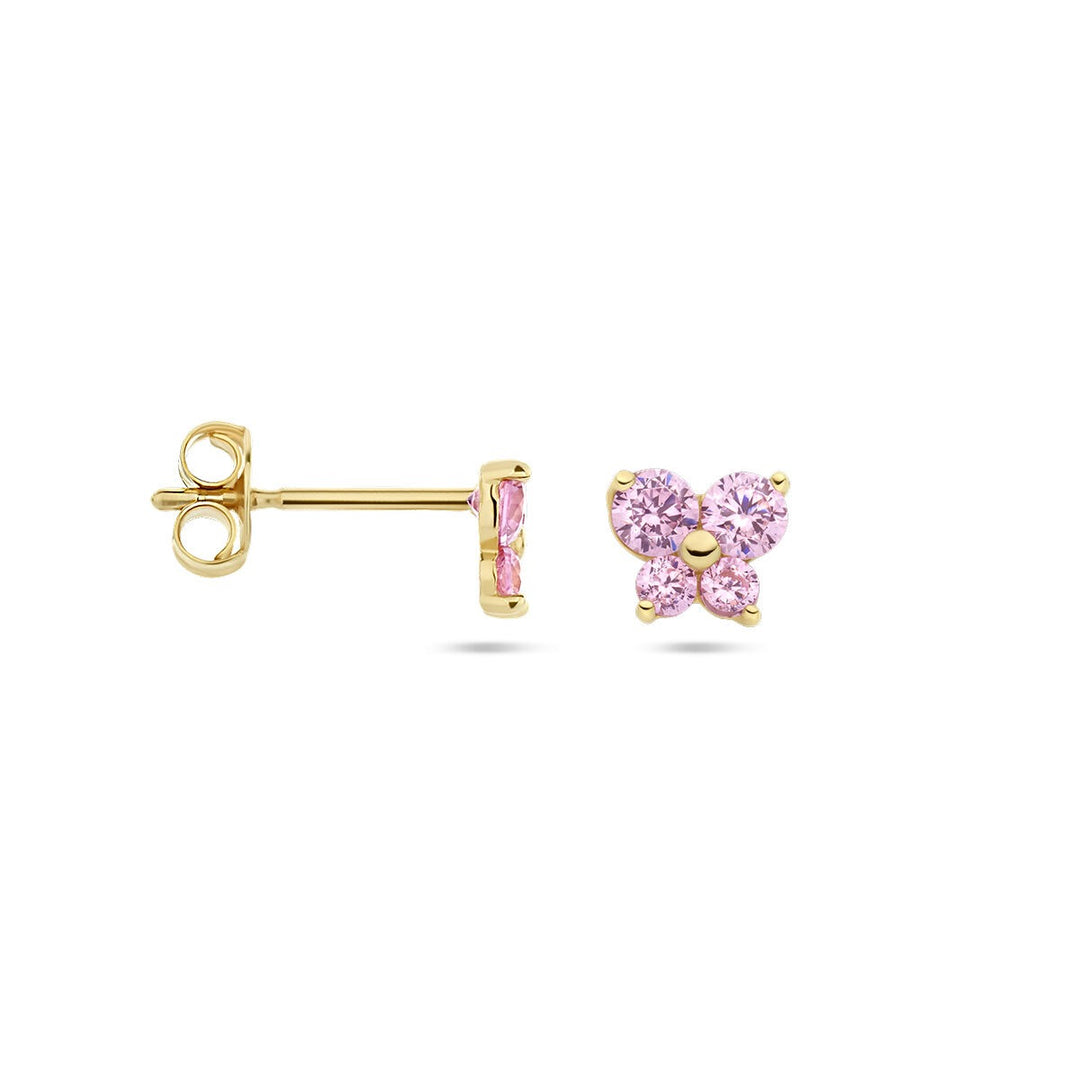 ear studs butterfly pink zirconia 14K yellow gold
