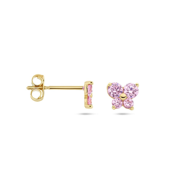 ear studs butterfly pink zirconia 14K yellow gold