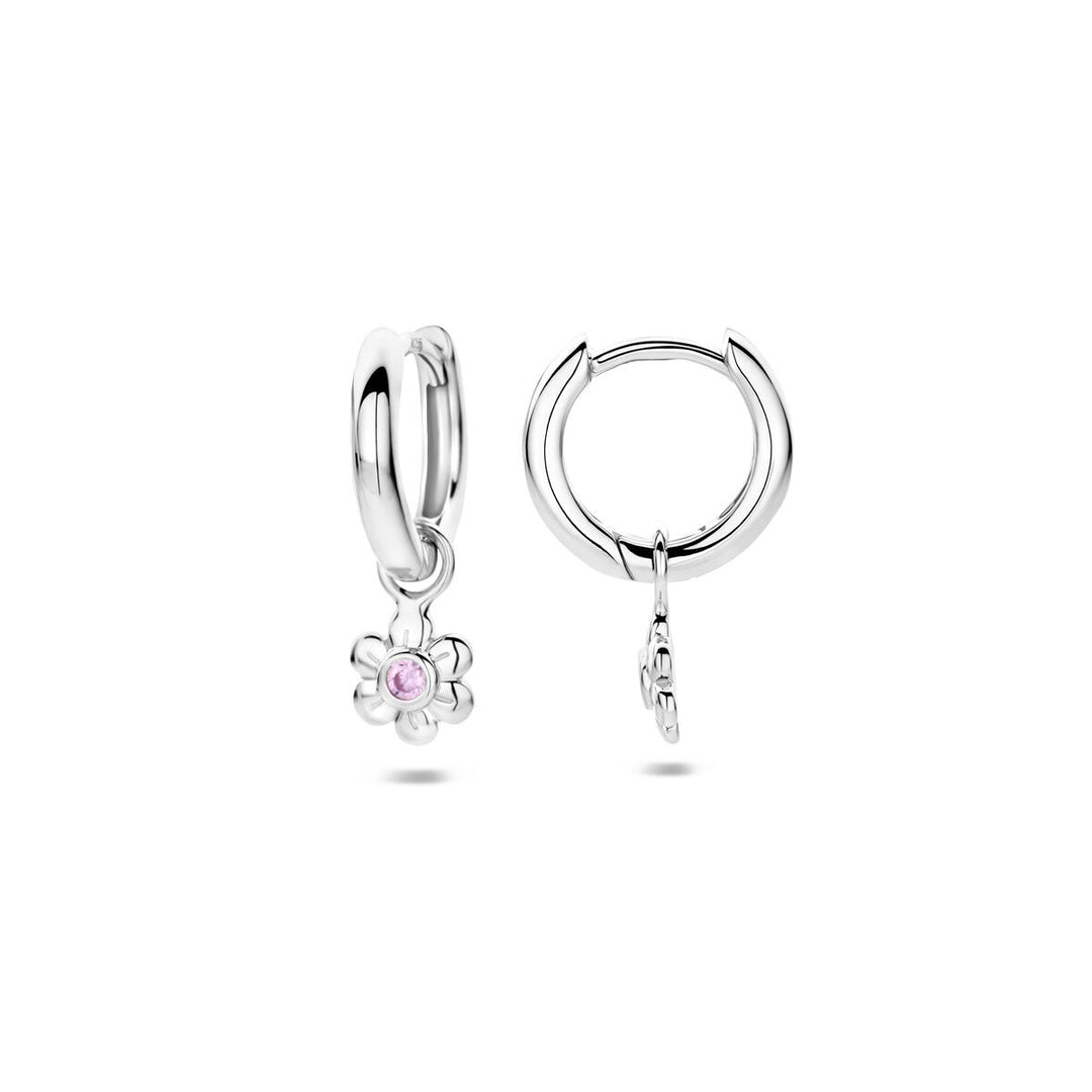 earrings flower pink zirconia silver rhodium plated