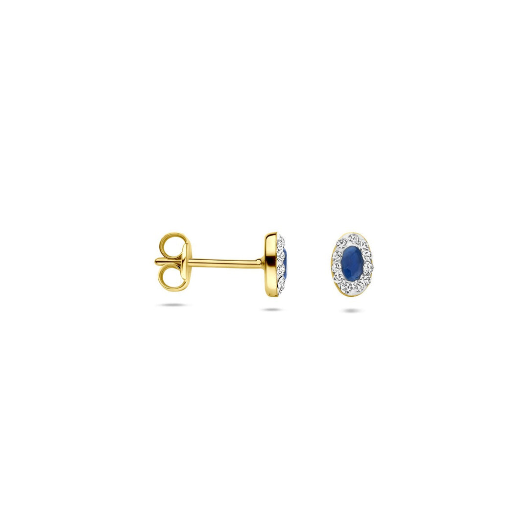 14k Geelgouden oorknoppen met synthetische saffier en Swarovski