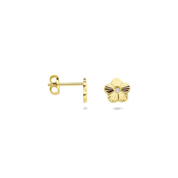14k Geelgouden oorknoppen met bloem en zirkonia – 6,5 x 6 mm