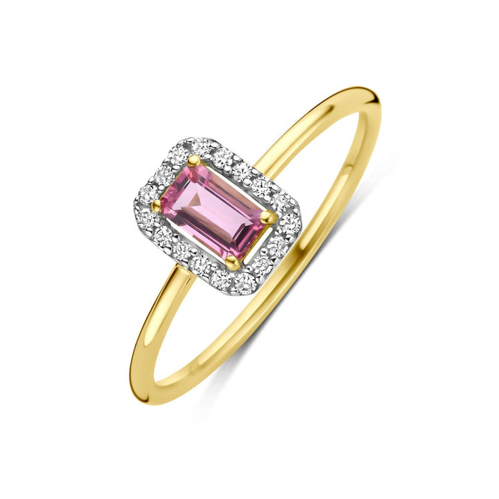 Gouden damesring met roze toermalijn en diamant – 14k geelgoud
