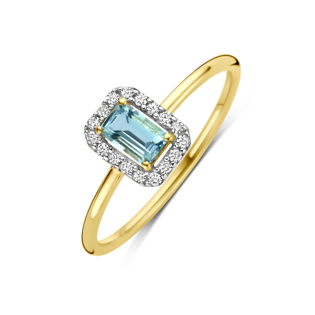 Gouden damesring met aquamarijn en diamant – 14k geelgoud