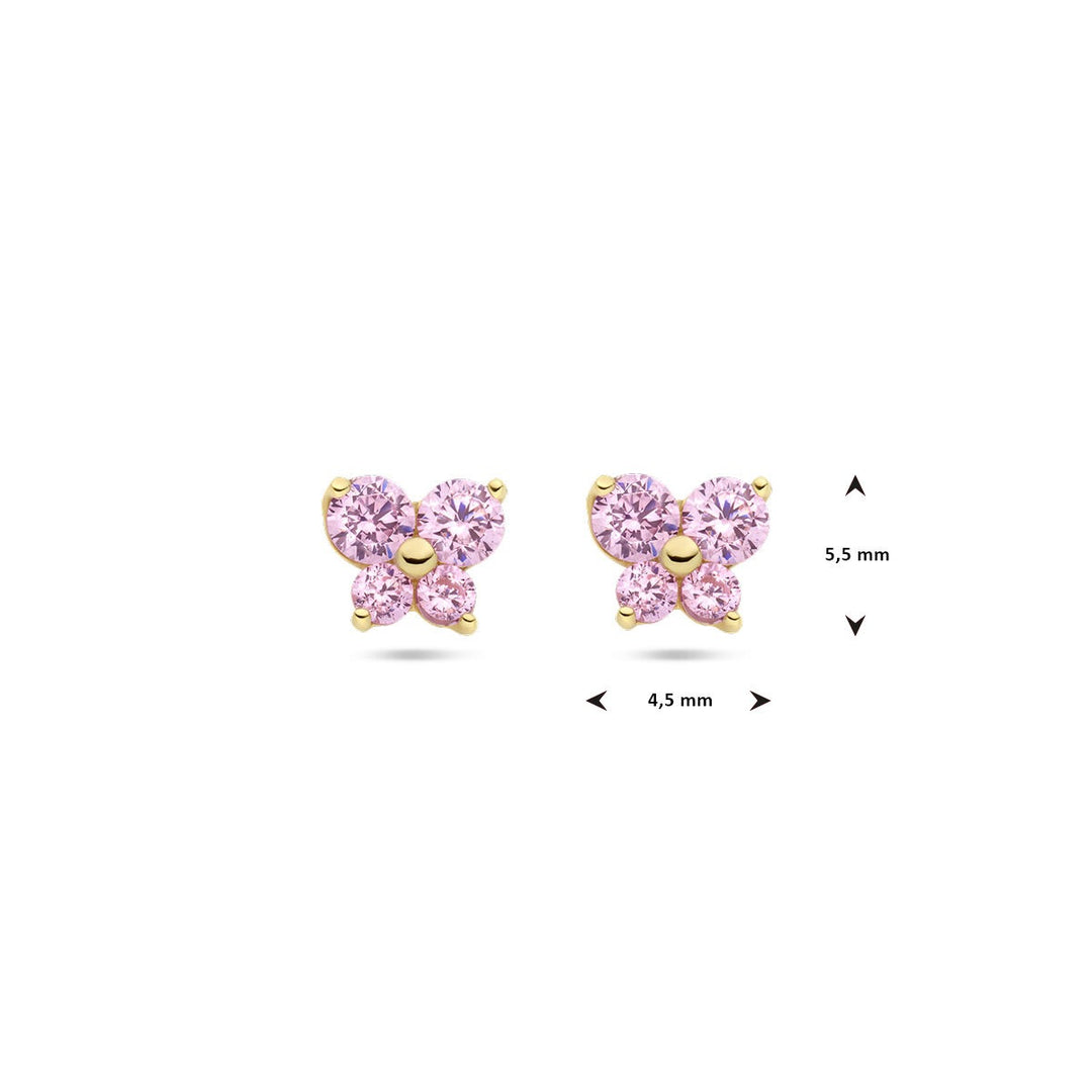 ear studs butterfly pink zirconia 14K yellow gold