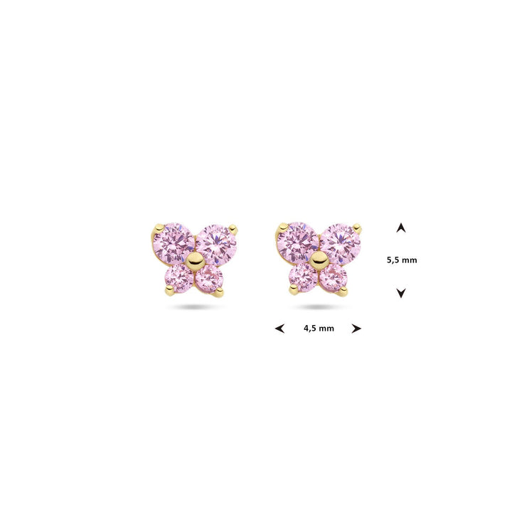 ear studs butterfly pink zirconia 14K yellow gold