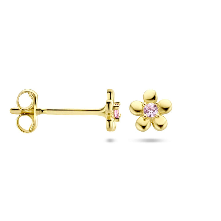 ear studs flower pink zirconia 14K yellow gold