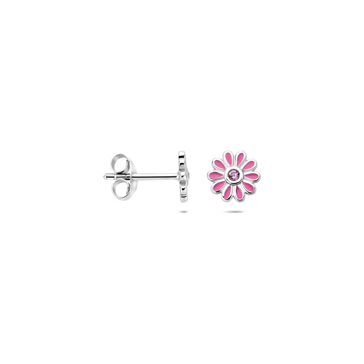 ear studs flower pink zirconia silver rhodium plated