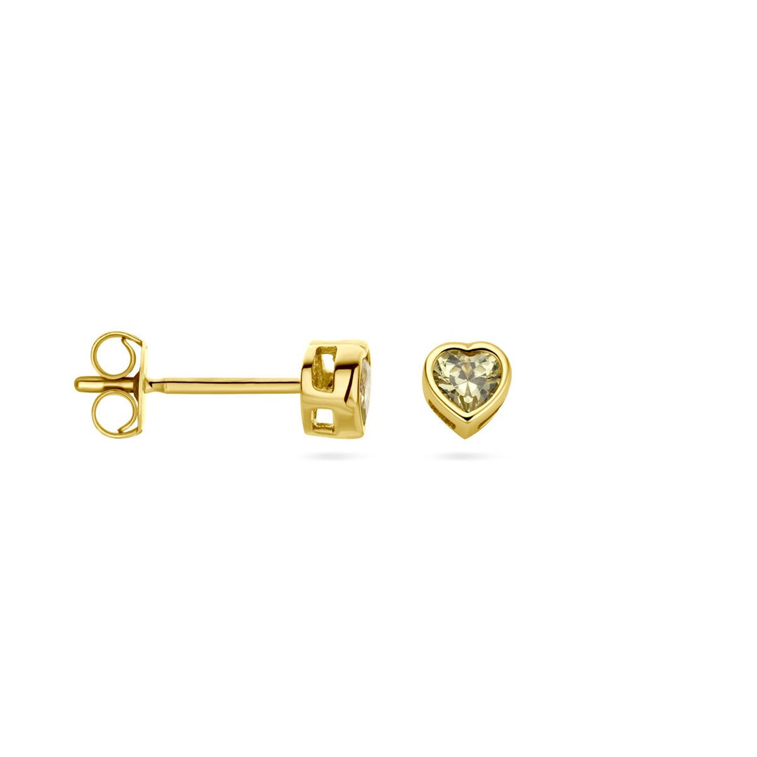 14k Geelgouden Kinder Oorknoppen met Rode Zirkonia – Hartvorm 4x4mm