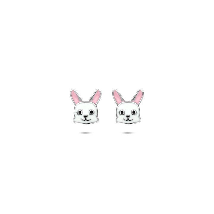 Zilveren kinder oorknoppen met emaille konijn – gerhodineerd