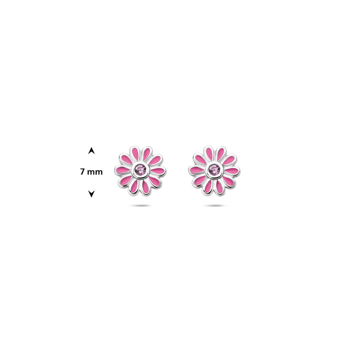 ear studs flower pink zirconia silver rhodium plated