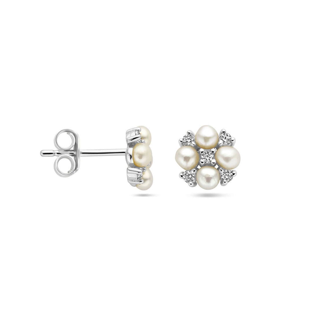 ear studs pearl and zirconia silver rhodium plated