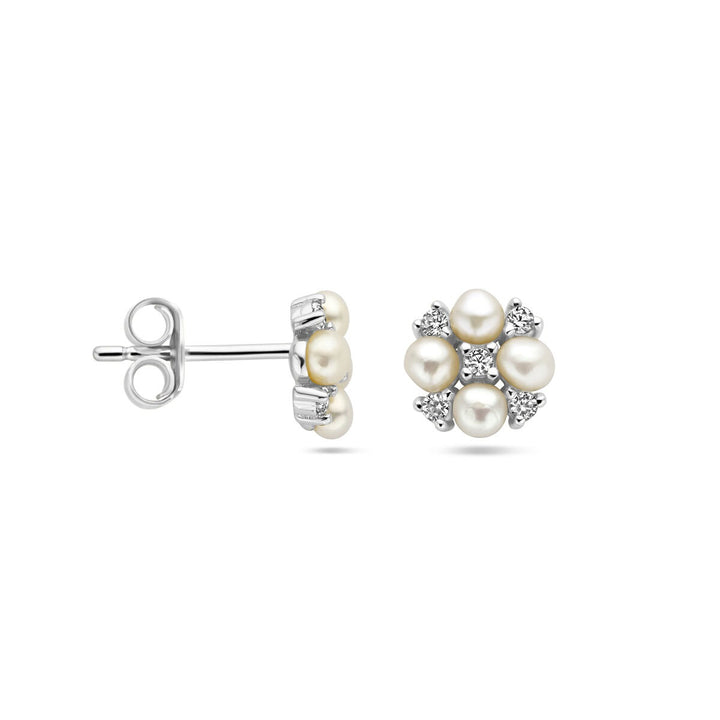 ear studs pearl and zirconia silver rhodium plated