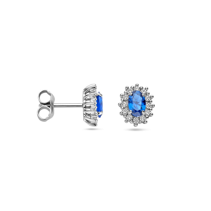 ear studs zirconia and synthetic sapphire halo silver rhodium plated