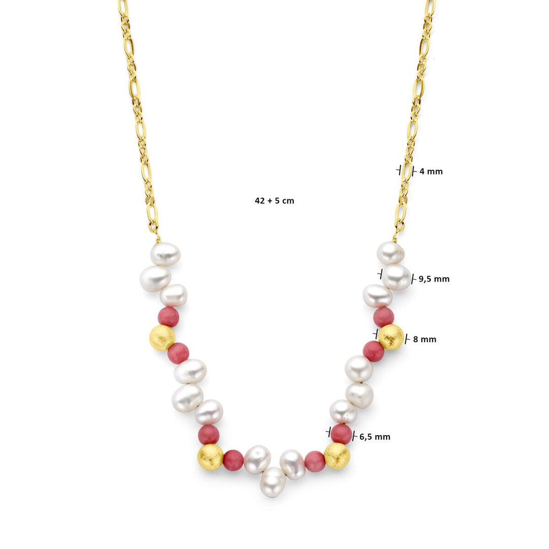 necklace balls, pearls and pink jade 42 + 5 cm 3 micron silver gold plated (yellow)