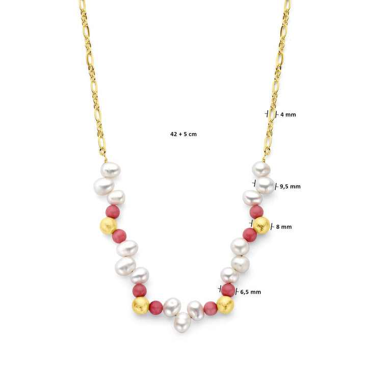 necklace balls, pearls and pink jade 42 + 5 cm 3 micron silver gold plated (yellow)