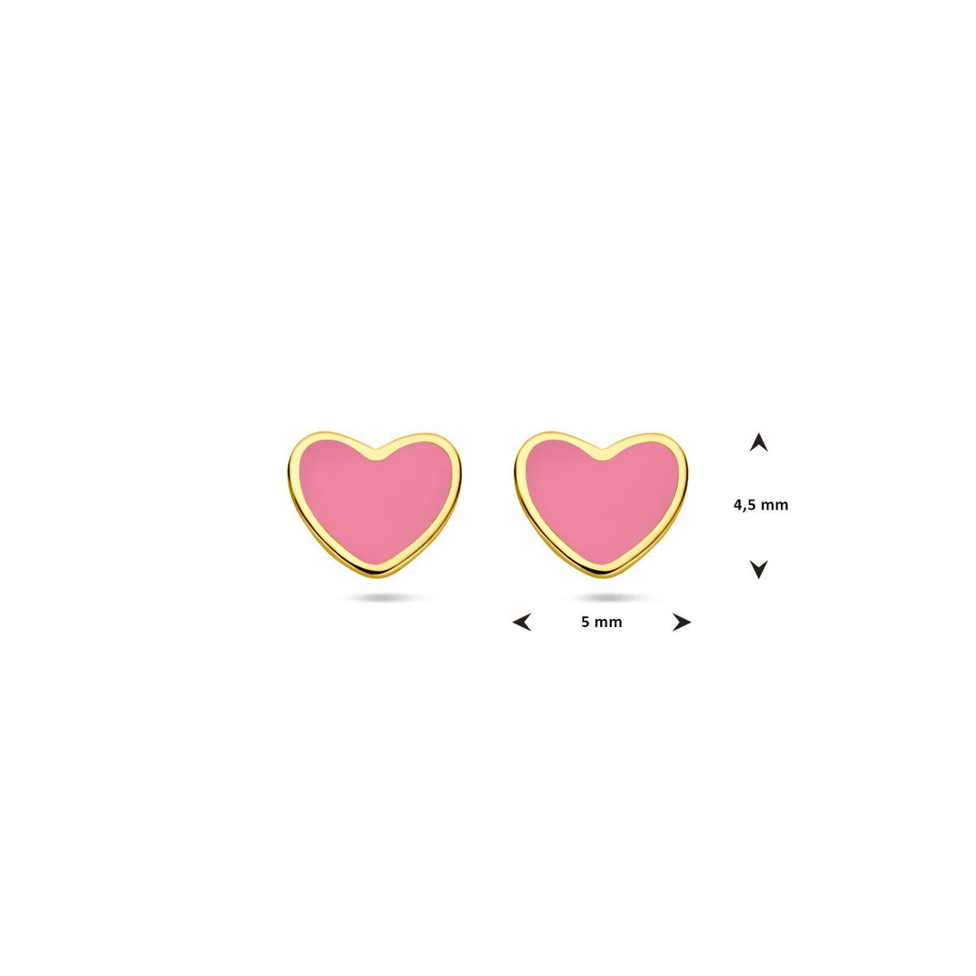 ear studs heart pink epoxy 14K yellow gold