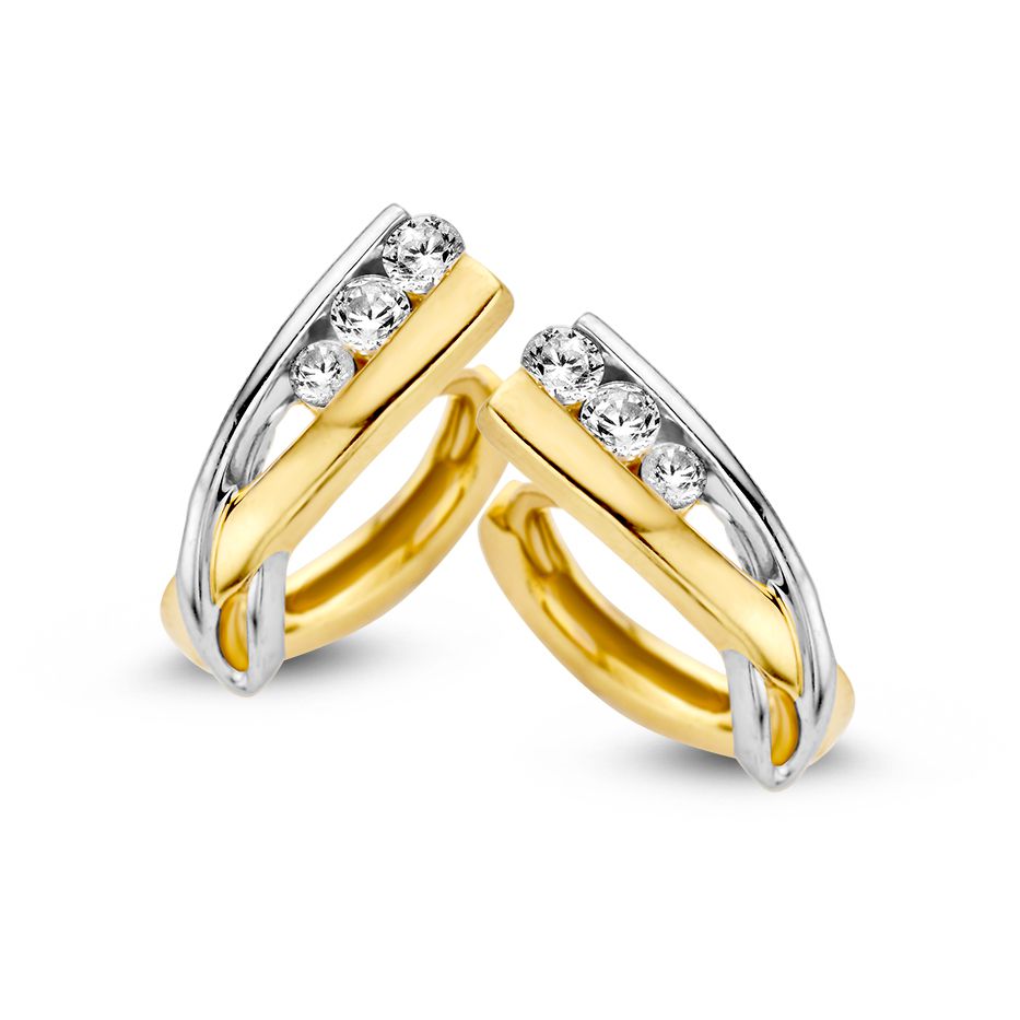 Bicolor Geel- en Witgouden Creolen met Zirkonia – Elegante Oorringen met Verlaagde Steker, 14 Karaat