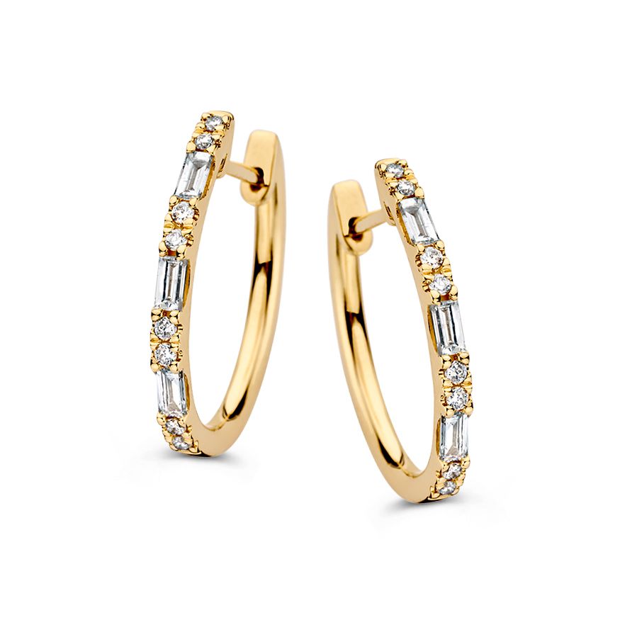 Luxe Geelgouden Oorringen met Baguette en Briljant Diamanten: Een Subtiele Luxe 0,38 crt.