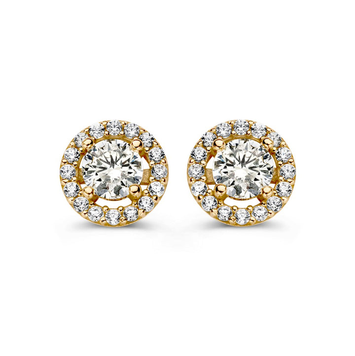 Geelgouden Oorstekers met Zirkonia in Halo-Setting – 14 Karaat, Tijdloze Elegantie