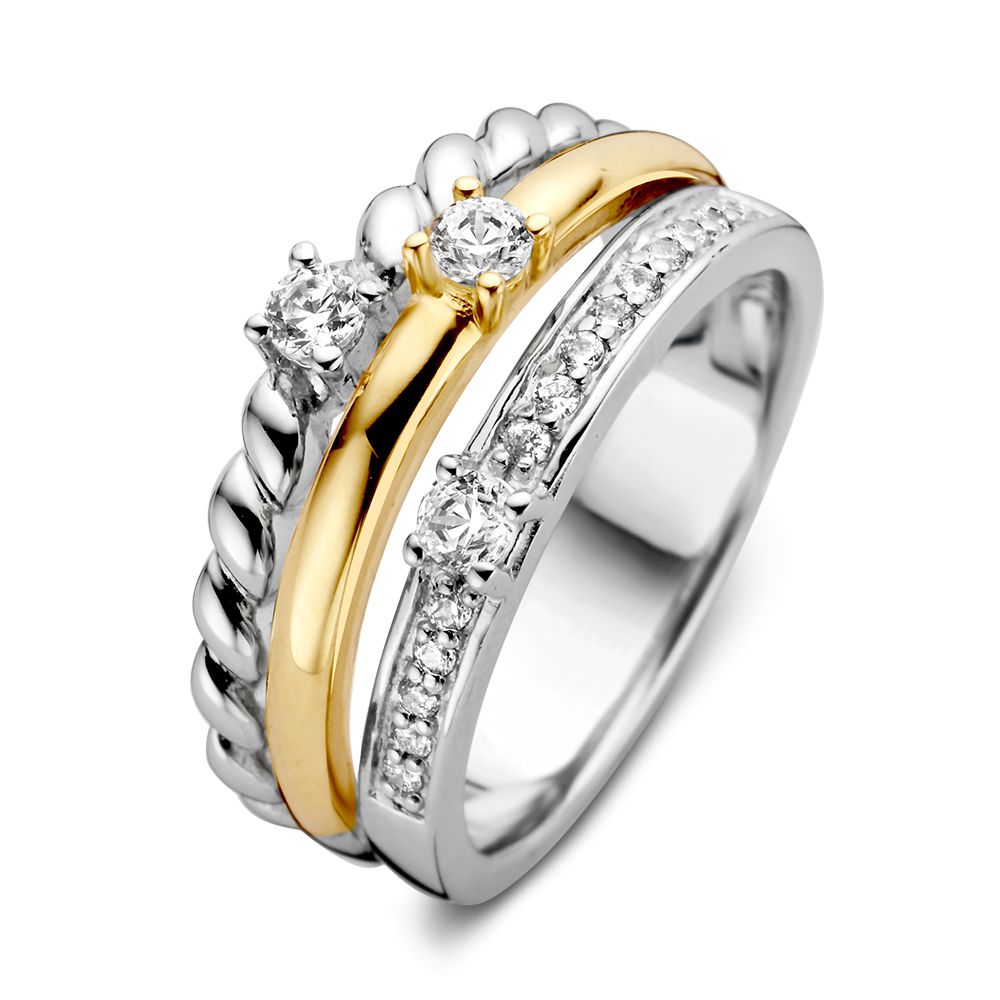 De Excellent Jewelry Zilver en 14 Karaat Gele Gouden Ring voor Dames met Zirkonia combineert een geelgouden band met solitaire zirkonia en een zilveren ring bezet met kleine zirkonia, beide met gepolijste afwerking en verfijnde details.