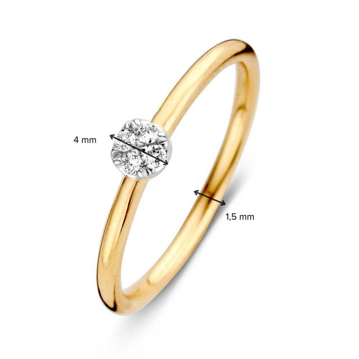 De 14-Karaats Bicolor Gouden Damesring met Briljant Geslepen Diamant van Excellent Jewelry heeft een ronde diamant-cluster van 4 mm en een smalle, gladde band van 1,5 mm. Zwarte pijlen geven de afmetingen aan.