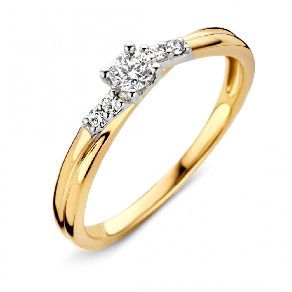 De Elegante Bicolor Damesring met Briljant Diamant - 0.22 crt van Excellent Jewelry is een prachtige 14k gouden ring met een ronde centrale diamant en drie kleinere diamanten aan elke kant in een elegante witgouden zetting.