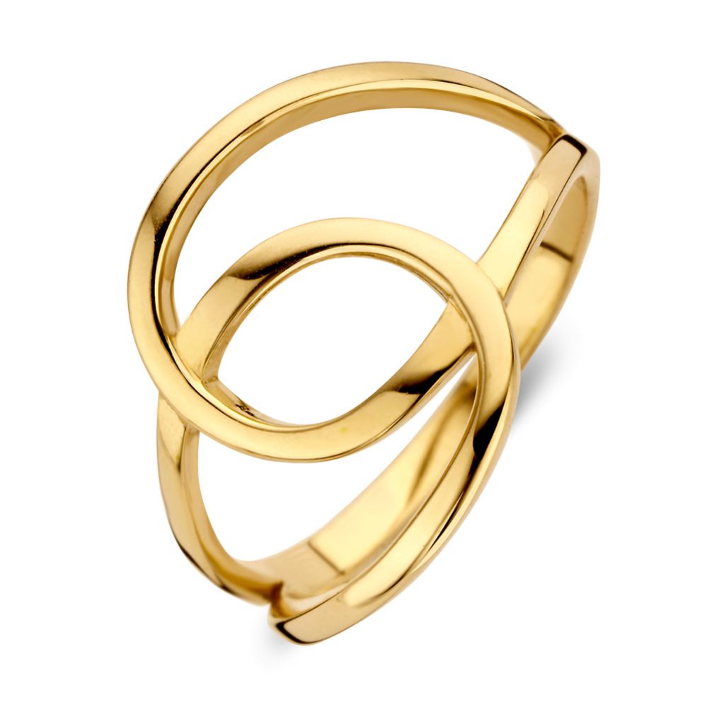 De Geelgouden Damesring van Excellent Jewelry is gemaakt van 14 karaat goud en heeft een strak design met twee in elkaar grijpende, open ovalen lussen en een glanzende afwerking.