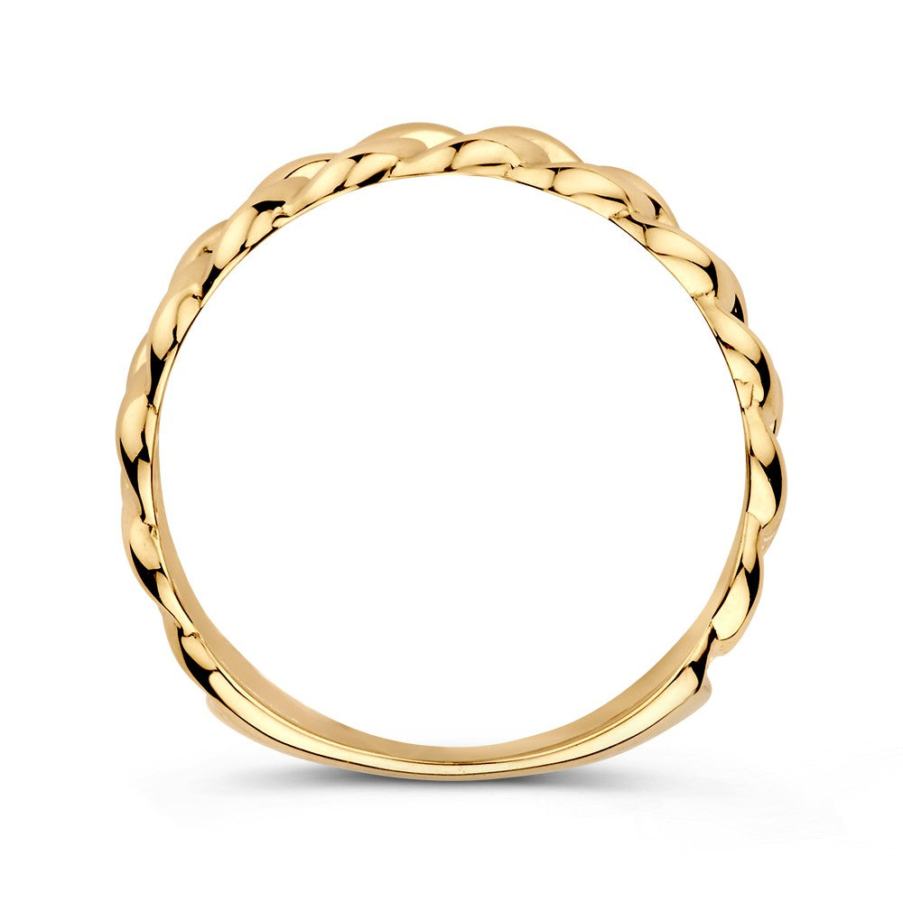 De Geelgouden Schakelring van Excellent Jewelry is gemaakt van 14kt goud, 5,3 mm breed en weegt 2,2 gram. Met twisted rope design is deze stijlvolle damesring perfect voor elke gelegenheid en wordt prachtig vastgelegd tegen een witte achtergrond.