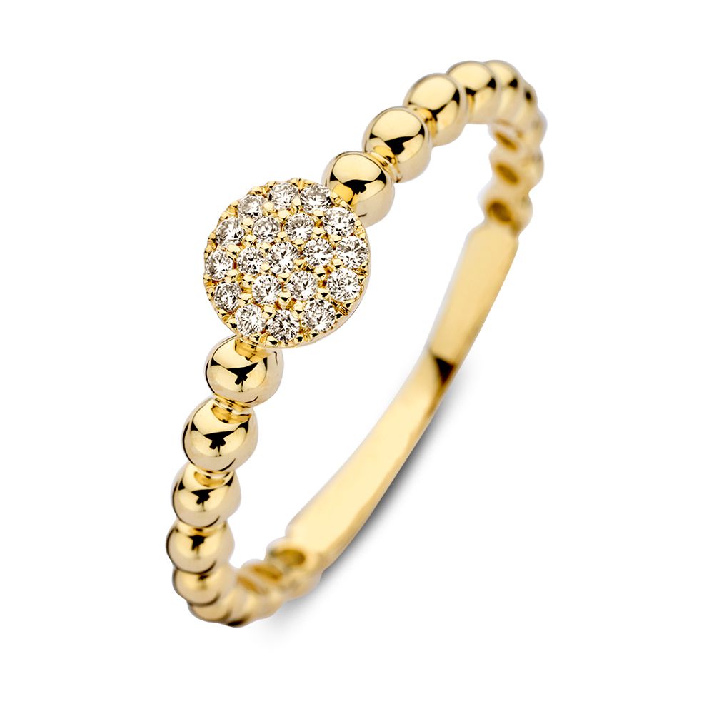 Geelgouden Bolletjes Ring met Diamant Middenstuk – Subtiele Luxe 0.09 crt.