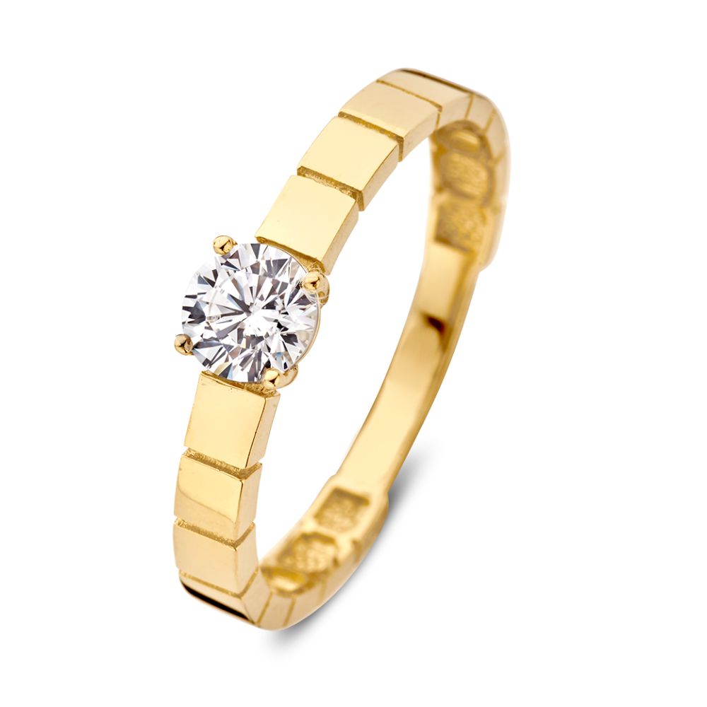 Geelgouden Ring met Zirkonia Middensteen en Bewerkte Band | 14 Karaat Goud | Van der Kooij