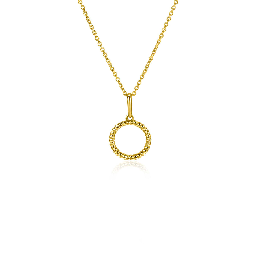 De ZINZI Gold ketting, productnaam Zinzi Hangers Goud Zgh400, heeft een delicate ketting en een ronde hanger met een getextureerd, kralenontwerp. Tegen een effen witte achtergrond werpt het een zachte reflectie.