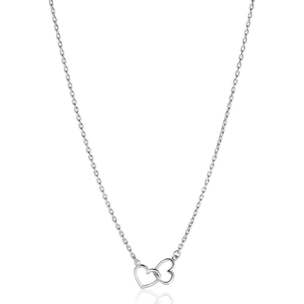 De Zinzi Ketting Zilver Zic2513 heeft twee in elkaar grijpende open hart hangers in het midden, tegen een effen witte achtergrond.