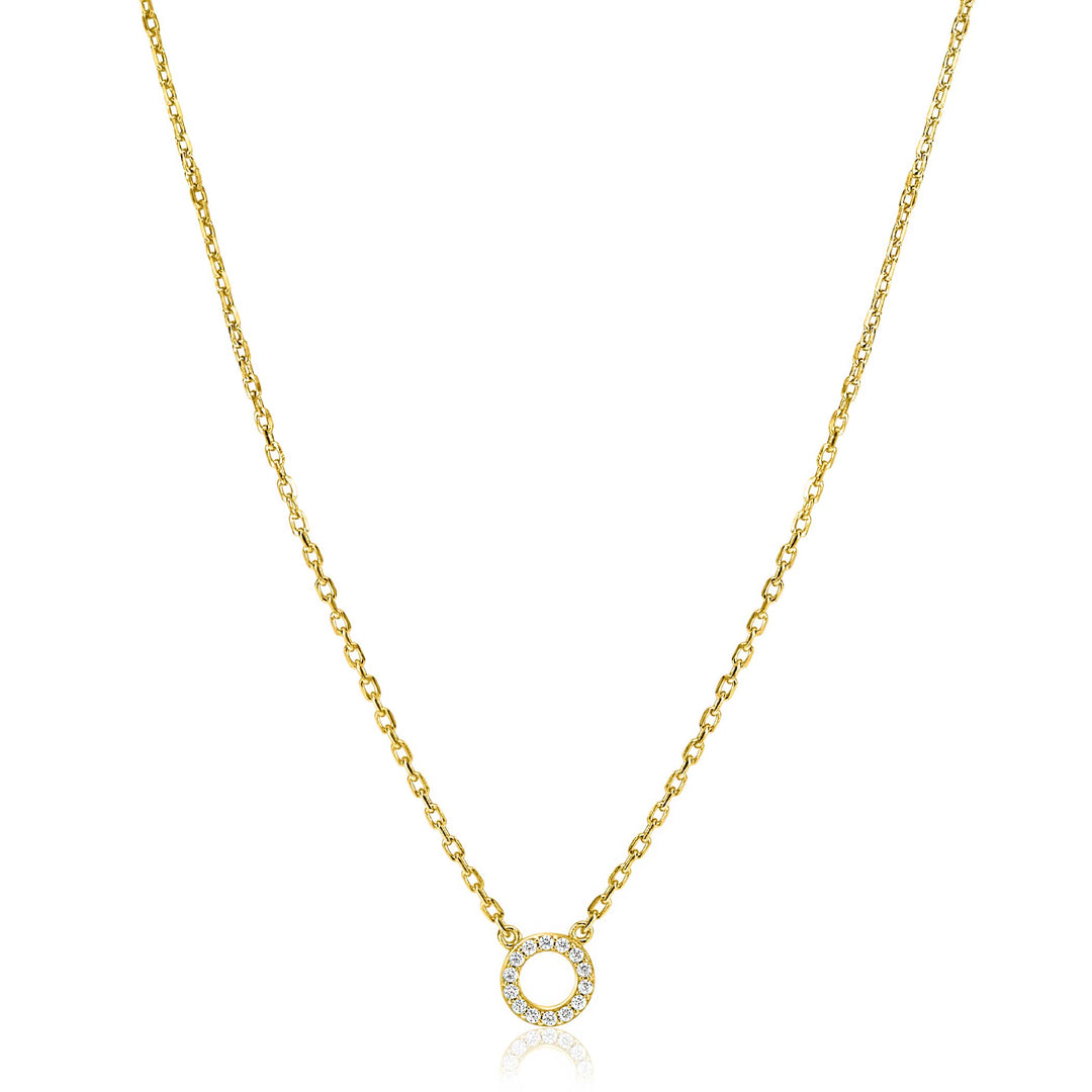 De Zinzi Ketting Gold Plated Zic2550 Y van Zinzi heeft een vergulde ketting met een kleine ronde hanger versierd met witte zirkonia's, tegen een effen witte achtergrond.
