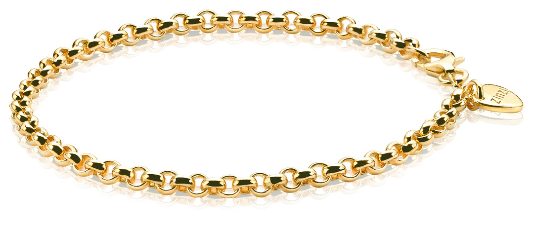 De Zinzi Armband Gold Plated Zia1009 G is een vergulde schakelarmband van Zinzi met in elkaar grijpende schakels en een klein hartvormig bedeltje bij de sluiting.